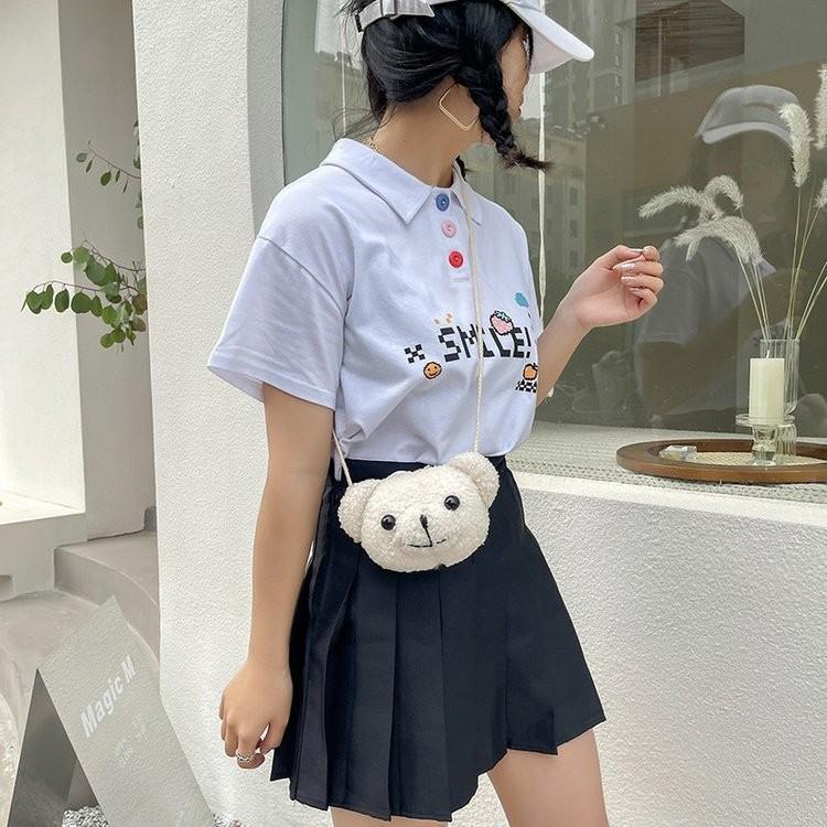 Cute Cartoon Bear Head Mini Crossbody Bag Plush Nylon Shoulder Bag For Students