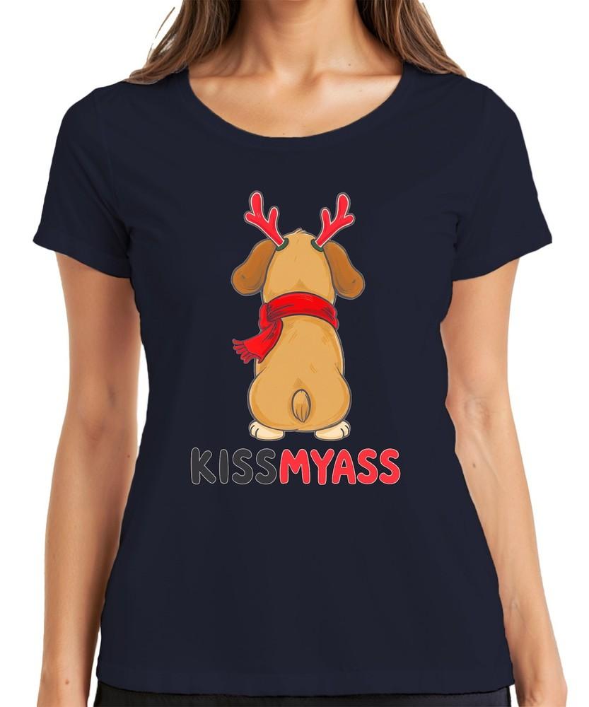 Kiss My Ass Funny Christmas Dog Reindeer Ears Cartoon Saying Daunisex T-Shirt S
