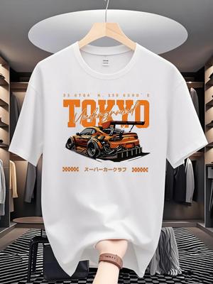 Men's Lightweight Breathable Polyester T-shirt - Tokyo Racing Pattern Printed White Short Sleeved Casual Top, Summer Travel -...
