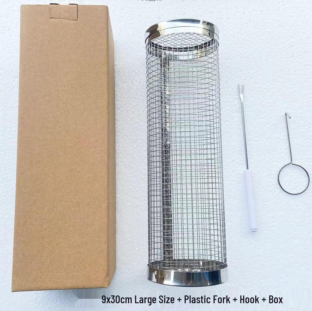 Rotating BBQ Grill Basket: 304 Stainless Steel with Wooden Handle