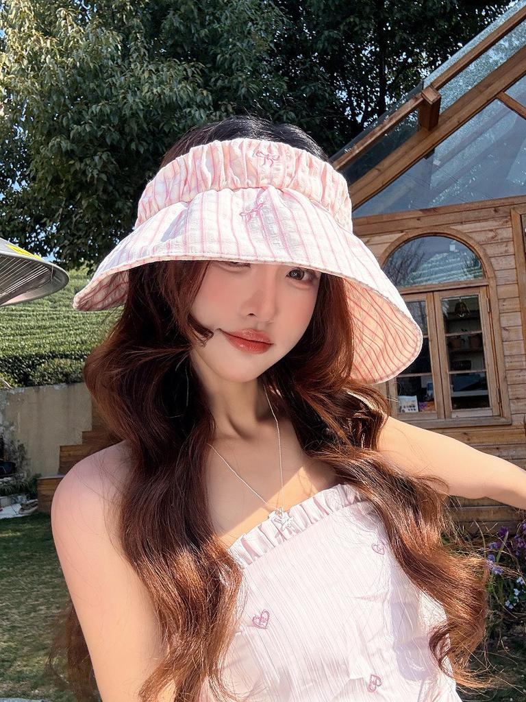 Bow Striped Sunscreen Visor Children Spring and Summer Big Eaves Show the Face Small Versatile Foldable Empty Top Hat