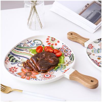 Piatto in ceramica con smalto opaco ad alta temperatura e manico in legno di acacia, piatto da bistecca, piatto per cucina occidentale, piatto per pasta