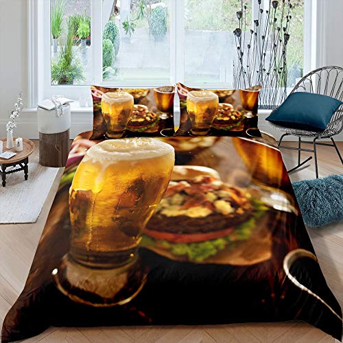 Beer Duvet Cover Set Two Beer Mugs White Foam Bedding Set 3pcs for Kids Golden Drinks Comforter Cover Soft Polyester Quilt Cover