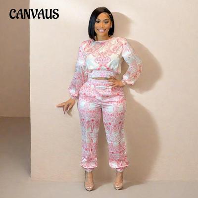 Women's Fashion Temperament Long Sleeve Senior Sense Lace Up Print Casual Two Piece Suit