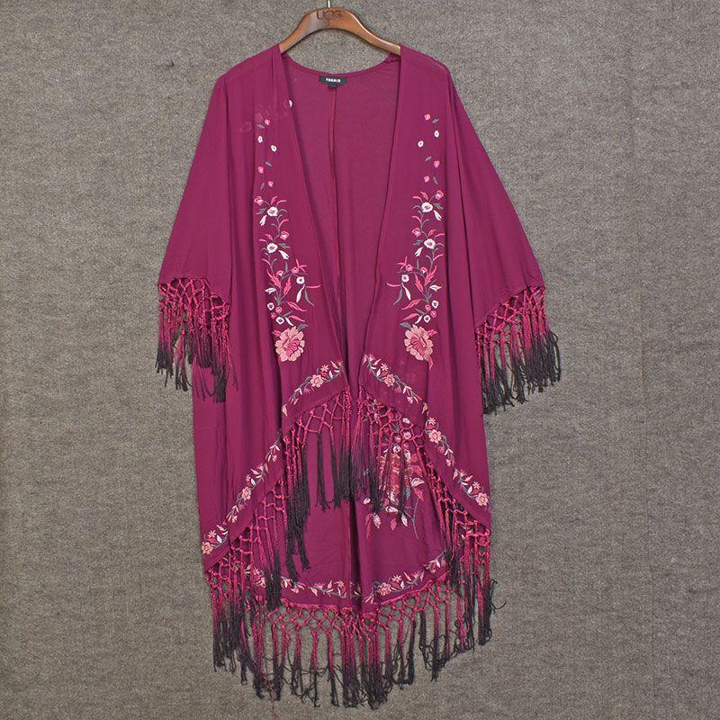 

100.00kg plus Size Tassel Trousers Chiffon Cardigan Embroidery Fuchsia(Tassue) 1/2