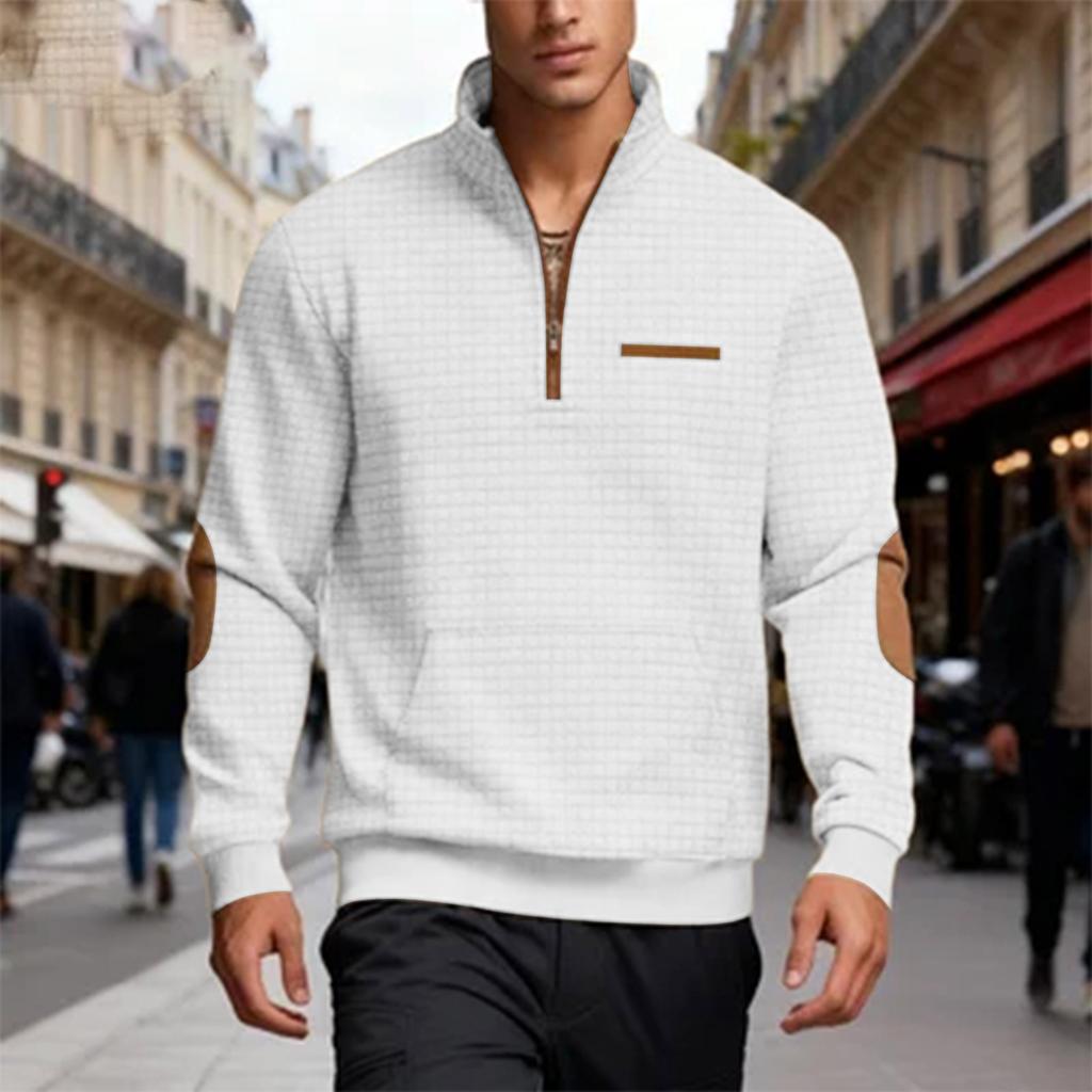Men's Casual Oversized Solid-Color Outdoor Small Check Stand-Up Collar Half-Zip Sweatshirt