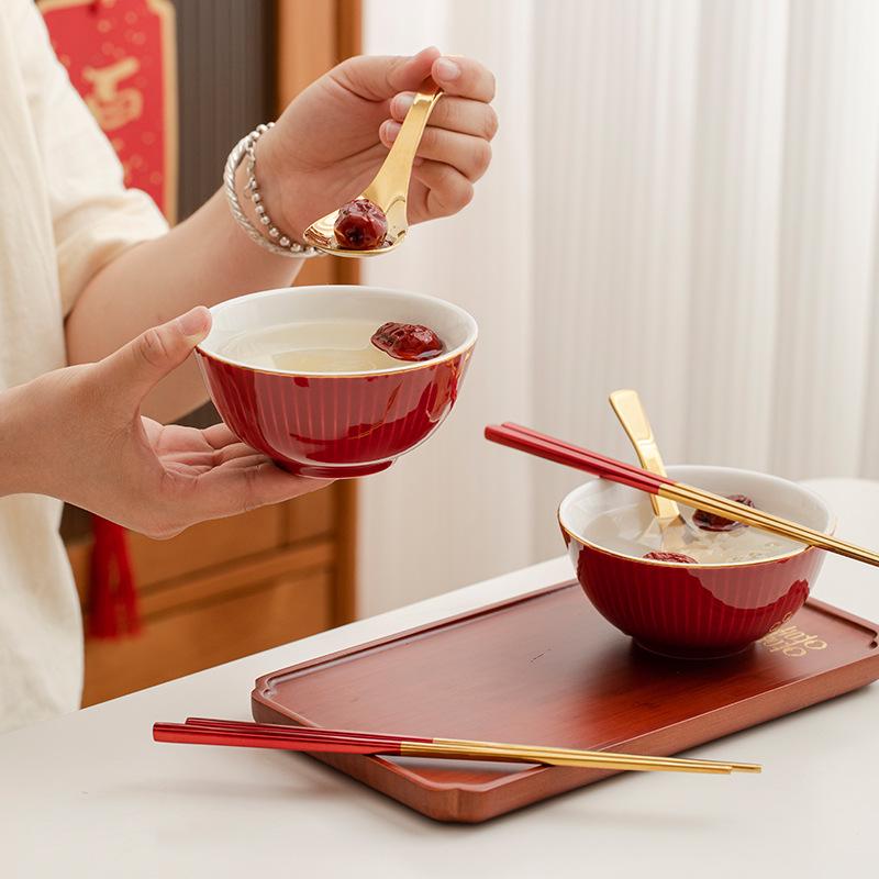 Double Happiness Wedding Bowl & Chopsticks Set: Creative Red Ceramic Gift for Newlyweds