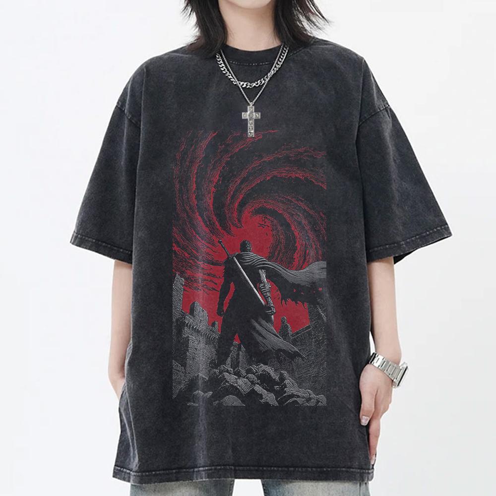 Anime Berserk Guts Cool Graphic T Shirt Men Women Short Sleeve Clothing Oversized Tshirt Washed Cotton Tee Harajuku Male T-shirt