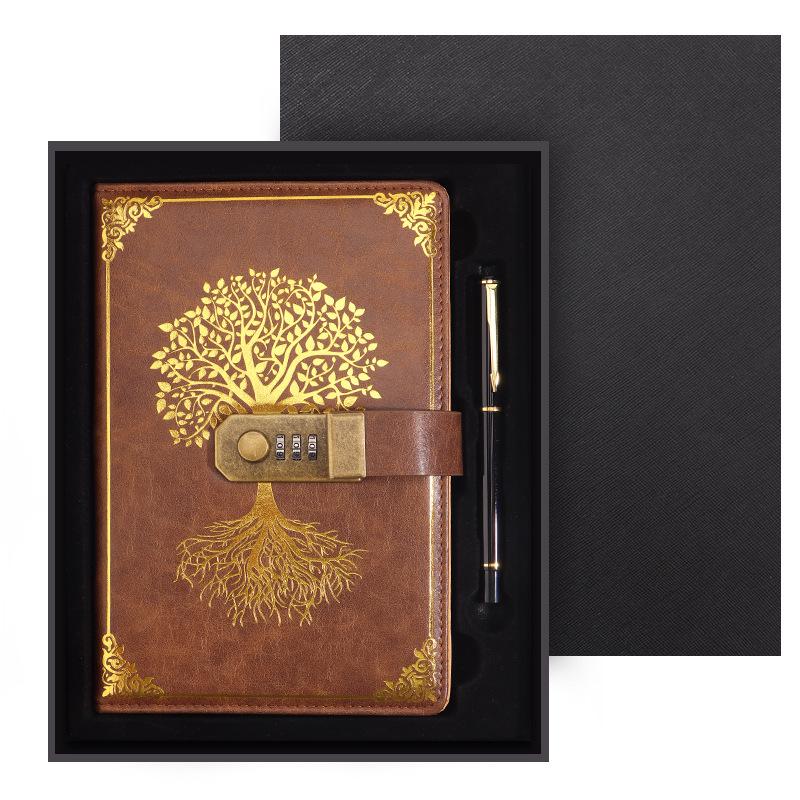 Zestaw notesu A5 w stylu retro z hasłem w pudełku prezentowym: Dziennik spotkań biznesowych z możliwością personalizacji logo.