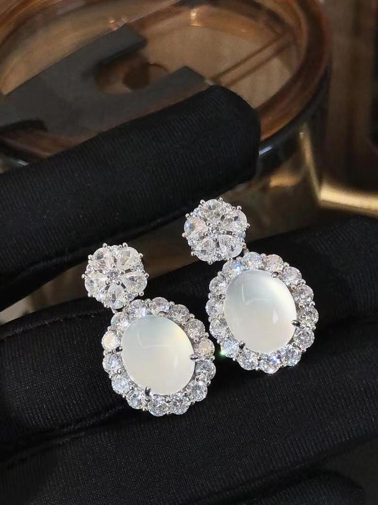 Natural High Ice Chalcedony Three-Piece Set White Ice Chalcedony Pigeon Egg Pendant Ring Earrings Jade Jewelry Gift Set