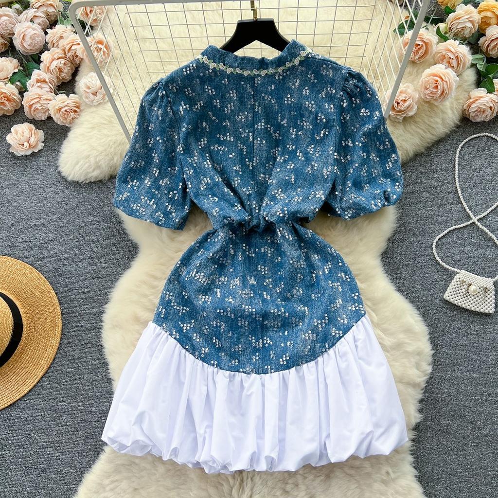 Spring Autumn Summer High Waisted Slimming Women Dresses with Sequin Bubble Sleeve Design Fashion Denim Dress