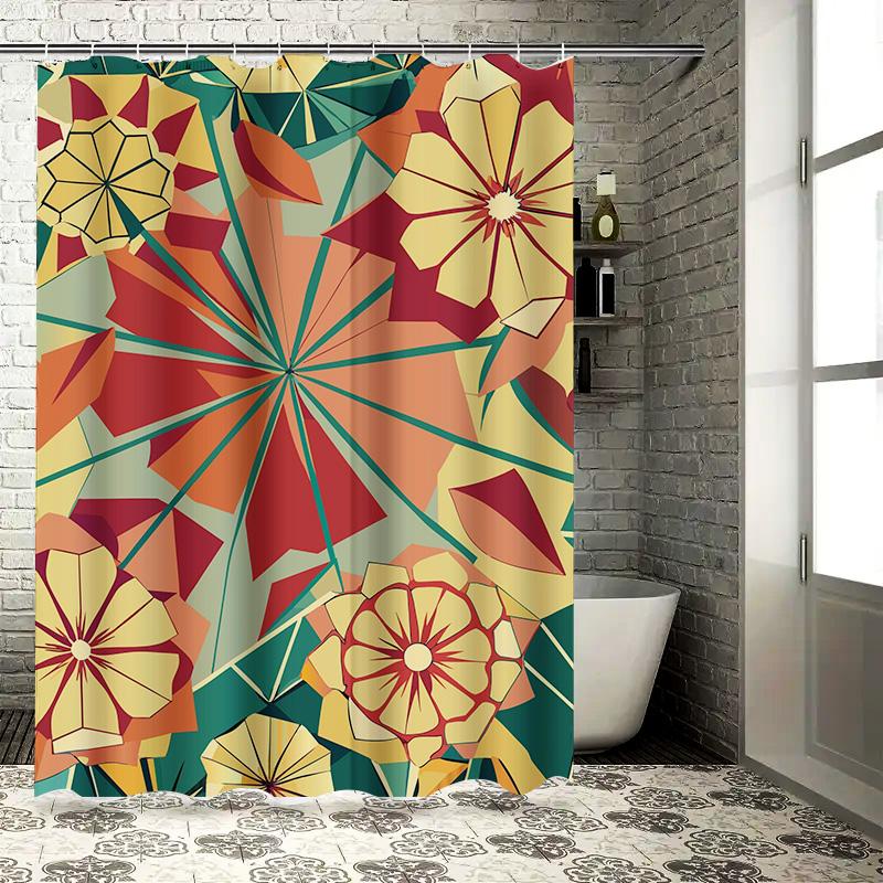 Vibrant Floral Shower Curtain Modern Geometric Design for Bathroom Decorations Green Red Yellow Flowers Waterproof Fabric with H