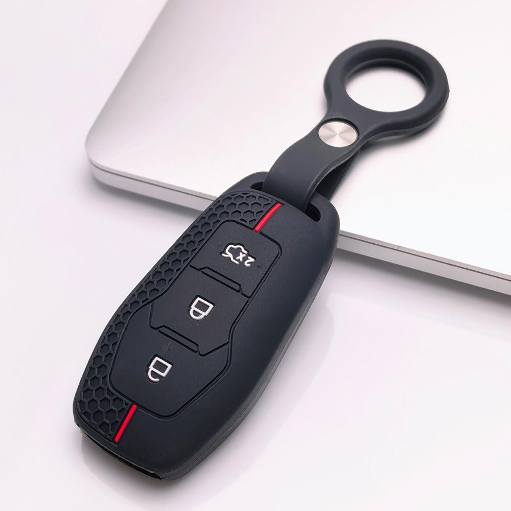 Silicone Key Cover with keychain for Ford 3 Button Smart Key, Fits Ford Focus Mondeo Kuga Escape MK4 Mustang Against Non-Slip Honeycomb Grip чёрный