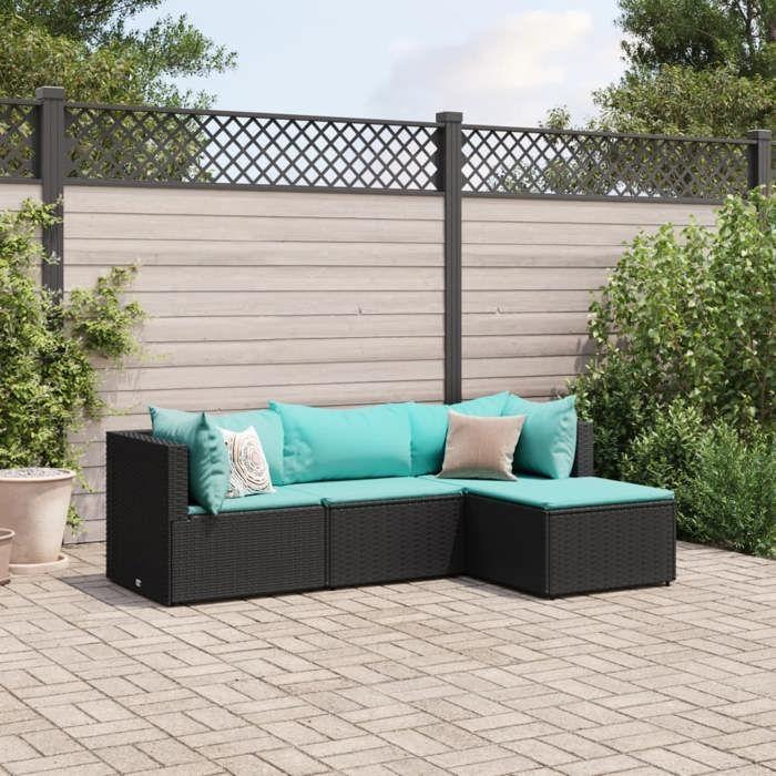 VidaXL Salon de jardin 4 pcs avec coussins Noir Résine tressée, ensemble de canapés d'extérieur, canapé d'angle de jardin, 3308052
