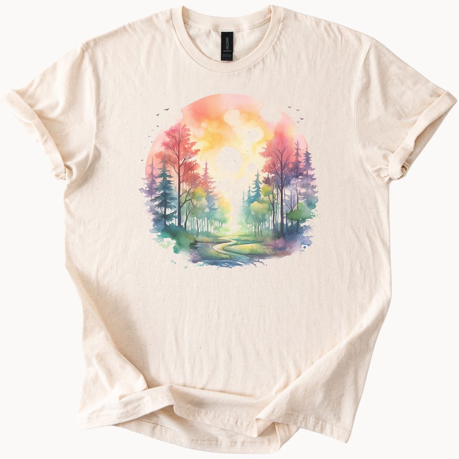Watercolor Forest Path Graphic Tee Nature Trees Sunrise Sunset Art Shirt Colorful Scenic Outdoors Hiking Gift Woodland Landscape 120