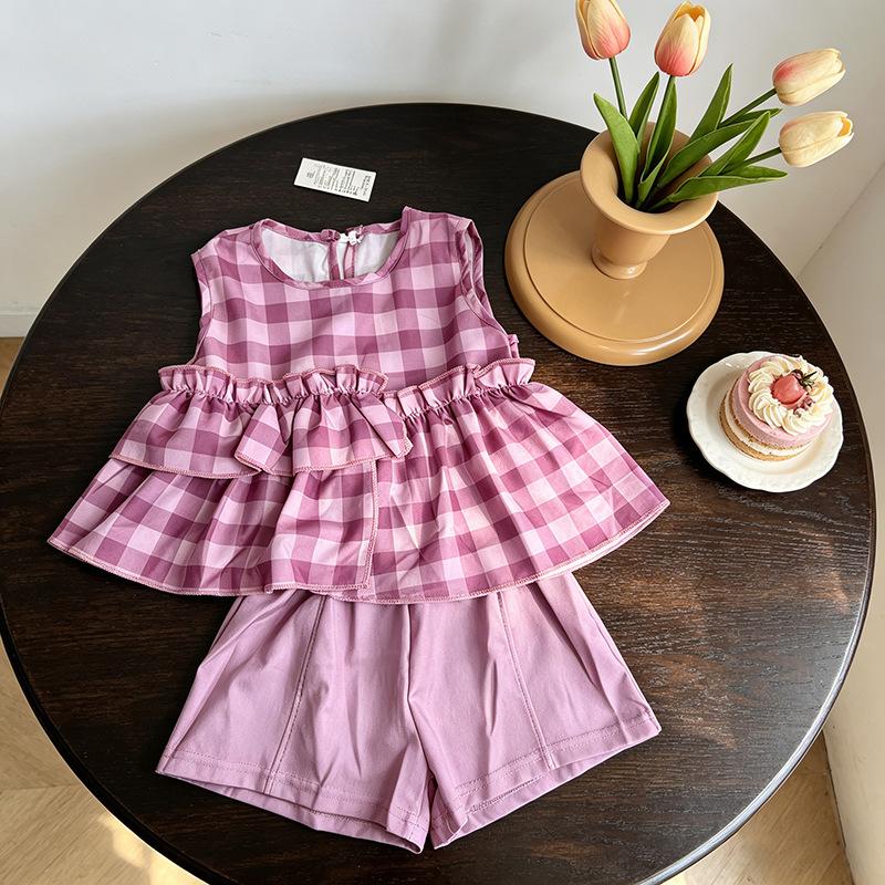 Girls Summer Plaid Sleeveless Top And Shorts Set Toddler Baby Fashionable Casual Two Piece Outfit For Weather