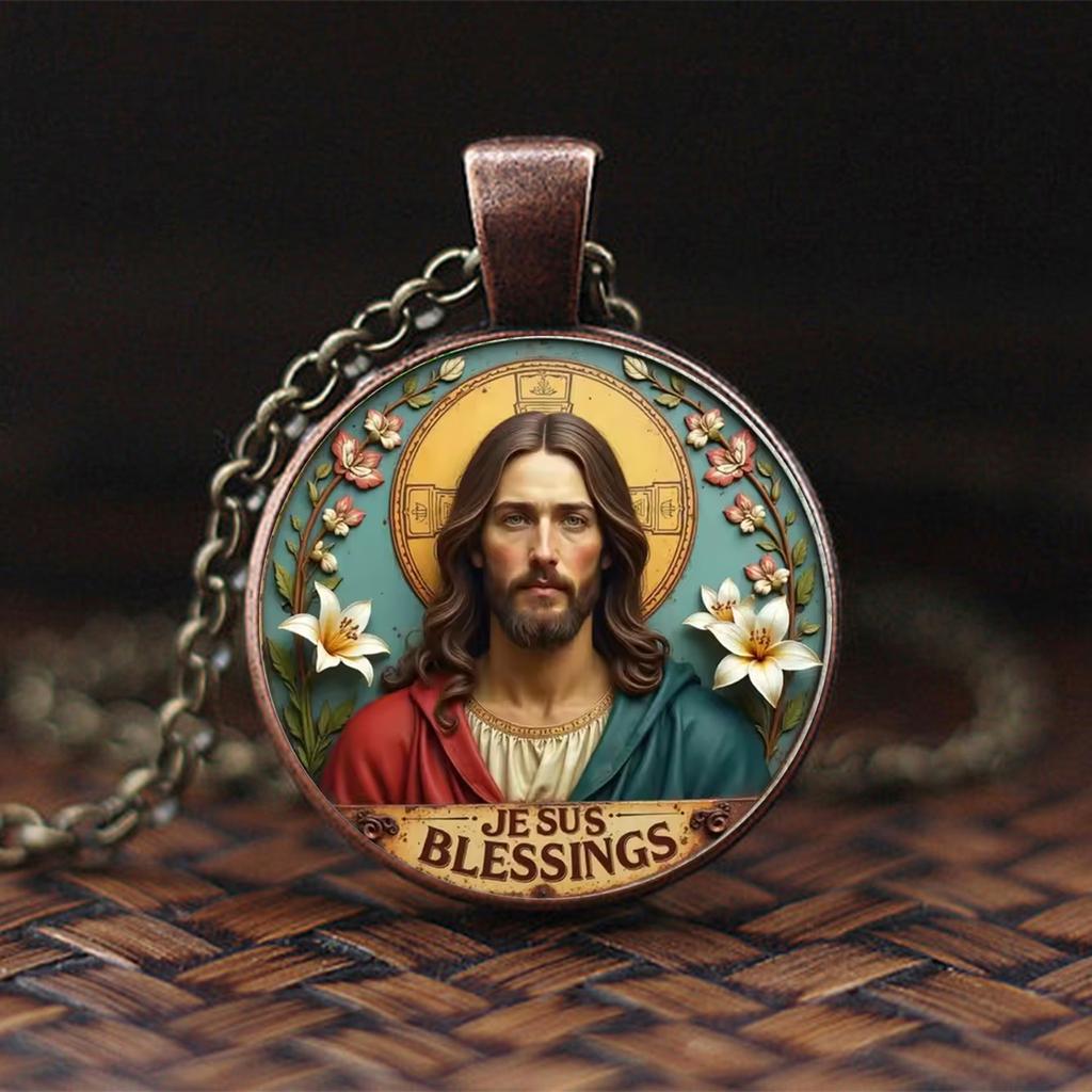 Christian Jesus Blessing Religious Pendant Necklace, Time Gemstone Pendant