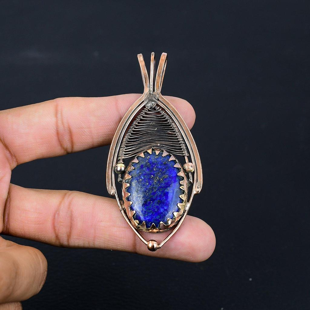 Aufwendiger Lapislazuli-Edelstein, reiner Kupferdraht, umwickelt, handgefertigter Anhänger-Schmuck