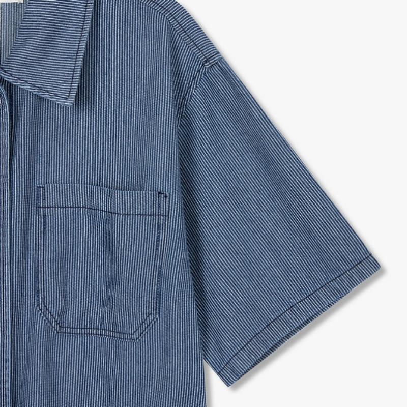 Studio Tomboy Pinstripe Denim Belted Short Sleeve Dress 9176341987