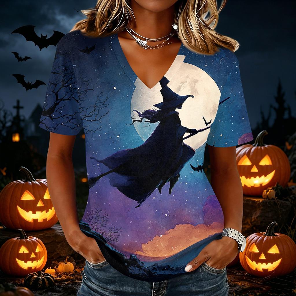 Women's Short Sleeve V-Neck Halloween Print T-Shirt Casual Top for Party