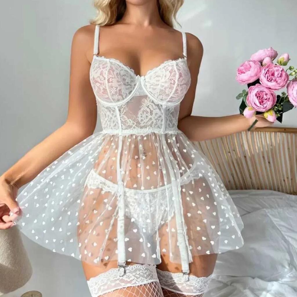 White Lace Mesh Transparent Mini Dress with Thongs Garter Set Women Sexy Lingerie Erotic Underwear Teddy Babydoll Porn Suit