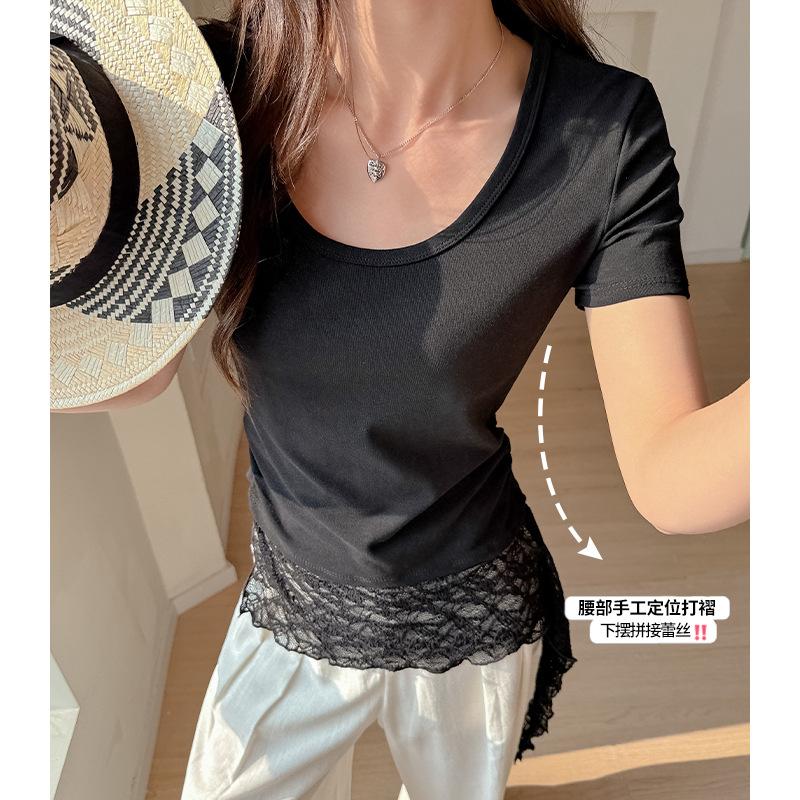 Women U Neck Lace Hem Splicing Short Sleeve Cinched Waist Casual T Shirt S
