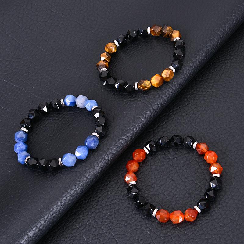 10mm Facettiertes Kristallachat, Schwarzer Obsidian & Tigerauge Stein Armband für Männer & Frauen
