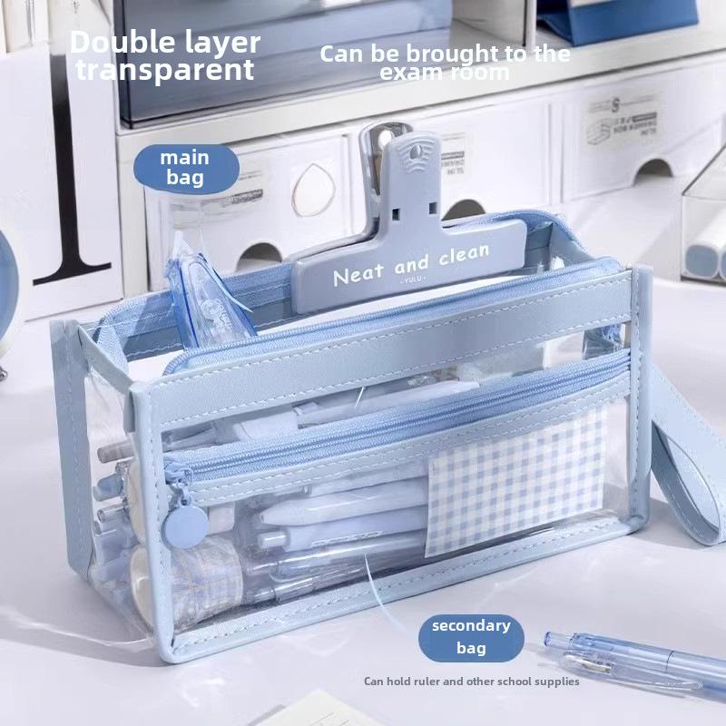 Romslig Gjennomsiktig Blyant- og Kosmetikketui for Eksamener: Multifunksjonell, lett tilgjengelig skrivesakermappe