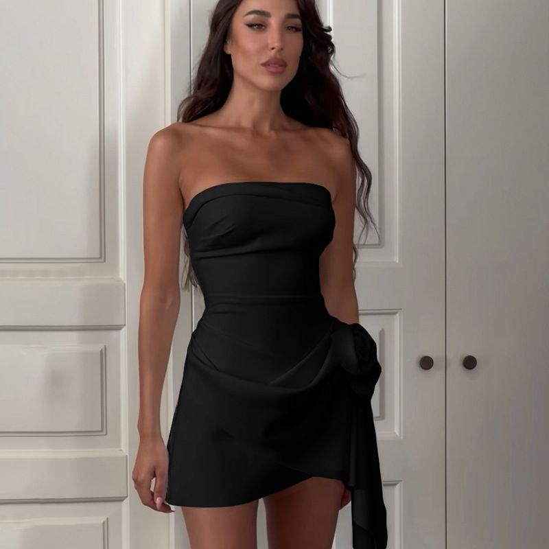 

Outfitgirl Fashion Style Women s Clothing Elegant Ribbon Flower Decoration Backless Tube Top Dress Birthday Slim White Dress Black L