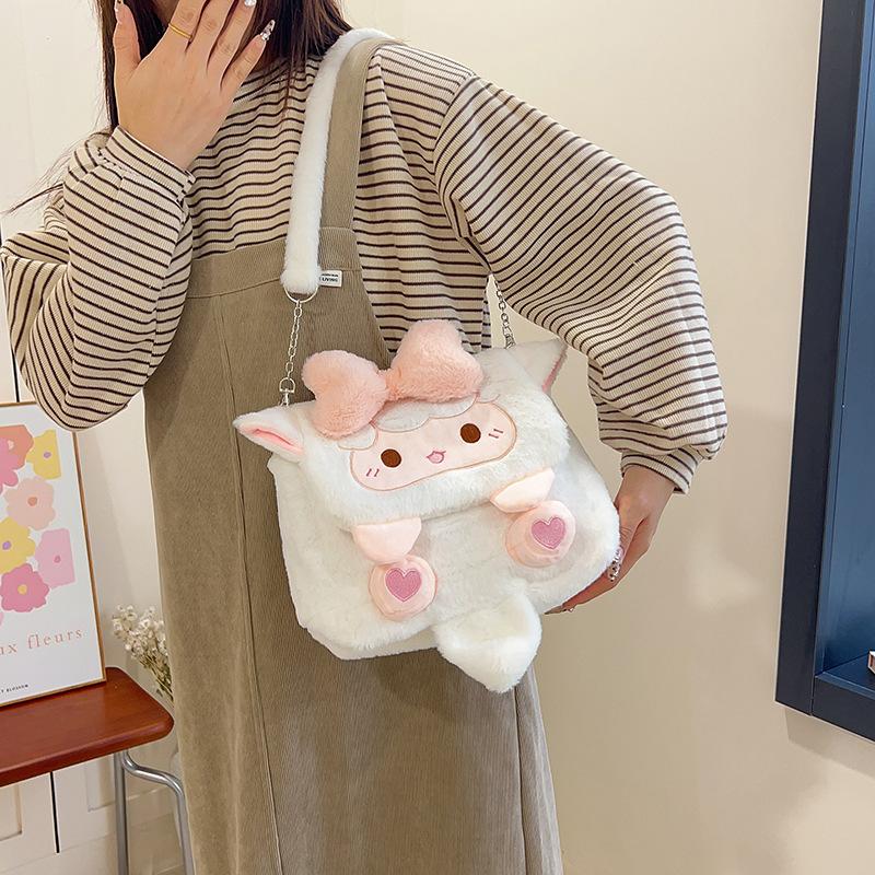 

Милая плюшевая кукла-ягненок с бантом, сумка-мессенджер, мягкое сердце, милый мультяшный студенческий рюкзак на два плеча для хранения белый