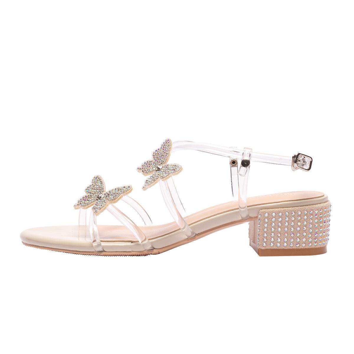 

Стразы бабочка прозрачный тонкий пояс фея ветер квадратный носок сандалии лето новый средний каблук толстый каблук обувь женская универсальная 34 абрикосовый