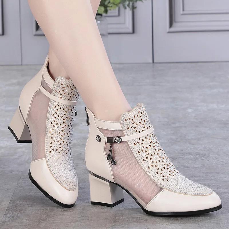 Genuine Leather Sexy Mesh Ankle Boots Women Summer Crystal Square Heels Boots White Lace Short Botas Fashion Pointed Toe
