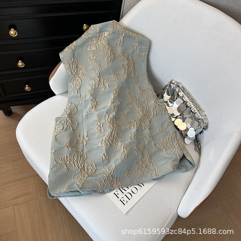 Blue butterfly embroidered vest temperament disc buckle sleeveless versatile European early spring top