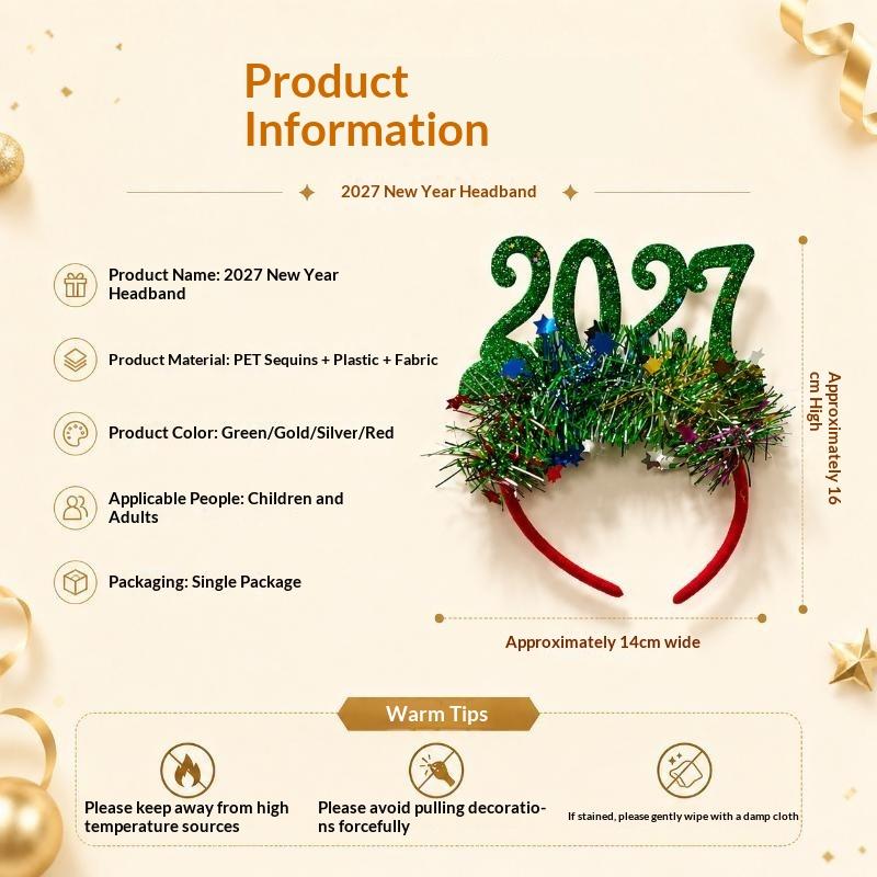 Christmas Light Up Headband 2027 Cute Glitter Hair Hoop New Year Eve Costume Party Accessory For Women Girls Holiday Dress Up