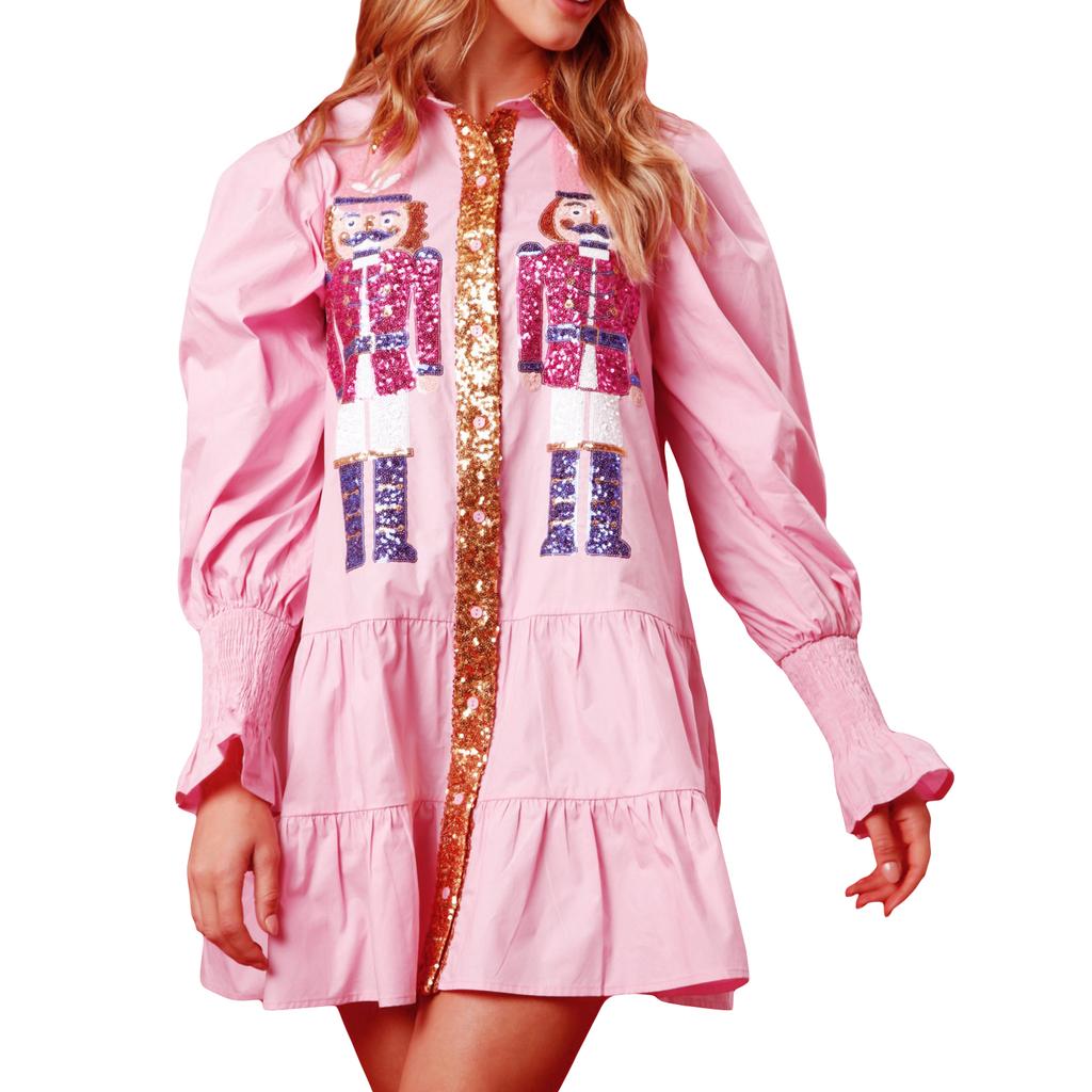 Women Mini Dress, Long Sleeve Turn-down Collar Sequins Button Closure Casual Dress Fall Dress