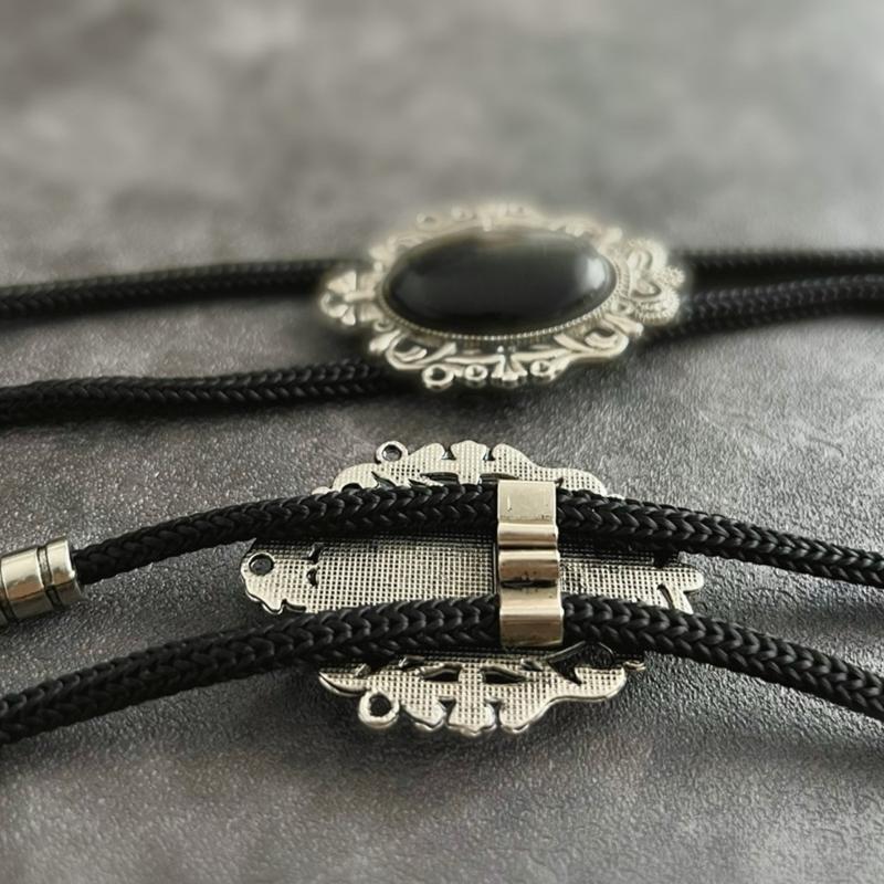 Men Women Handmade Vintage Bolo Tie Western Cowboy Braided Rope Necktie with Antique Stone Feathered Pendant Necklace