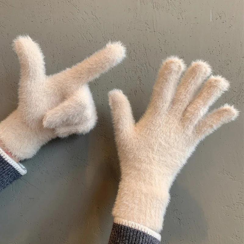 Women Winter Velvet Five Finger Gloves Plush Warm Fashion Mink Cold Proof Gloves Outdoors Cycling Solid Color Wistiti Mittens