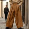 Men High Zip-up Waist Solid Casual Pleating Long Wide Legs Pants Trousers
