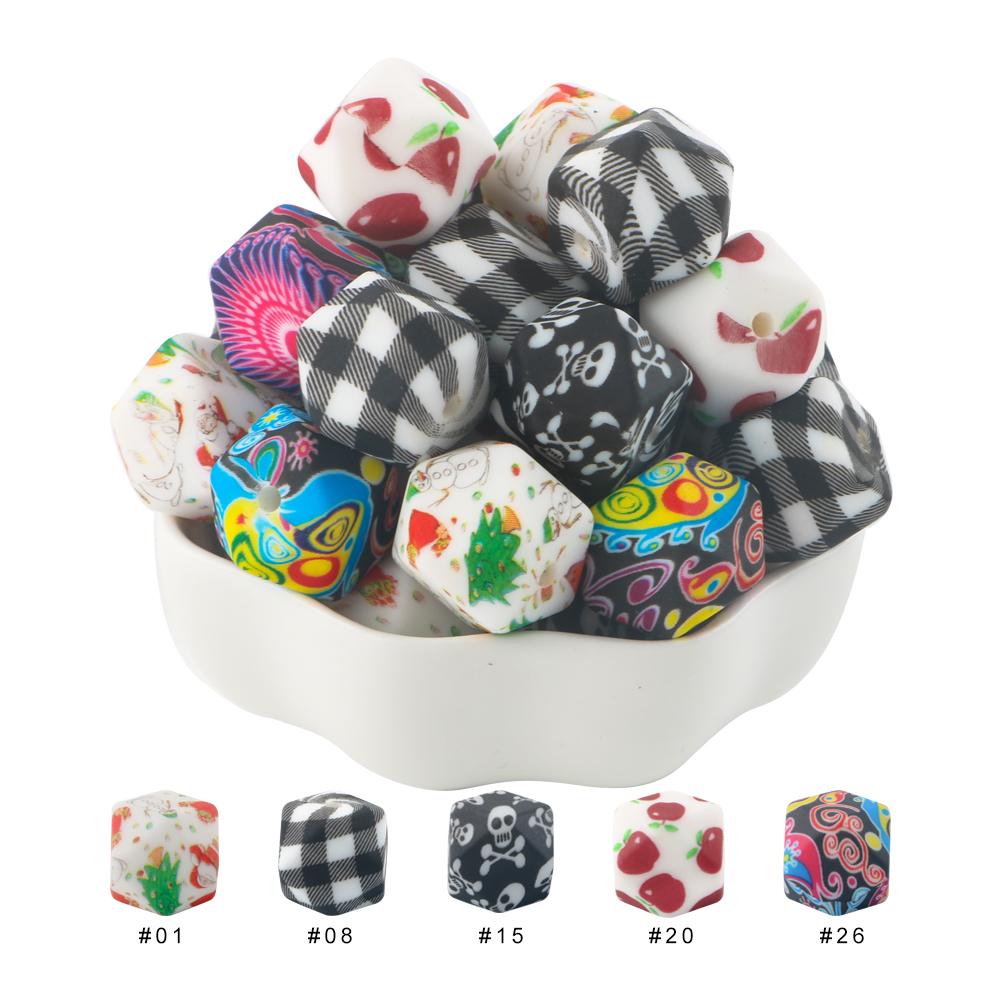 10Pcs 14mm Printed Hexagon Silicone Beads Leopard Bead For Jewelry Making DIY Beadable Pen Keychain Bracelet Accessories