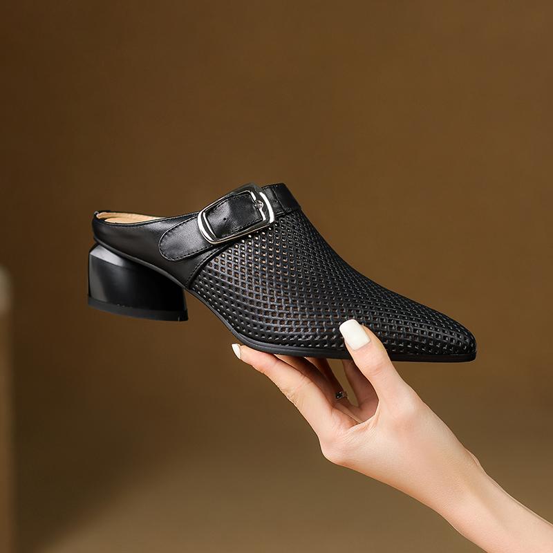 Fashion Summer Women Genuine Leather Shoes for Women Pointed Toe Hollow Out Women Sandals Cover Toe Chunky Heel Women's Mueller Slippers