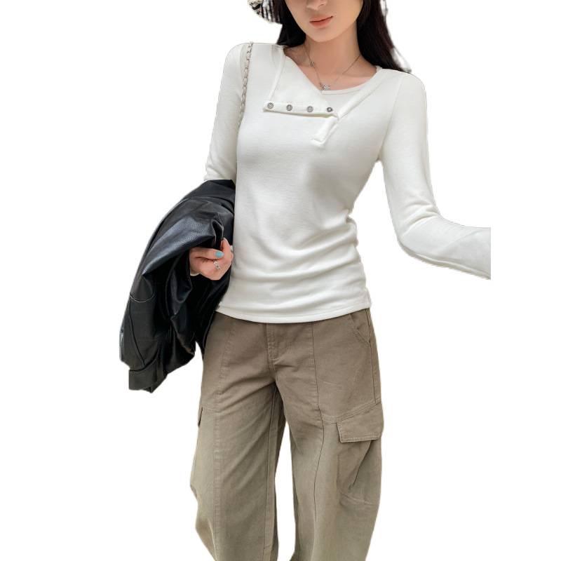 Women's Long-Sleeve Off-Shoulder Button-Up Base Layer Top - Stylish Autumn/Winter 2026 Arrival