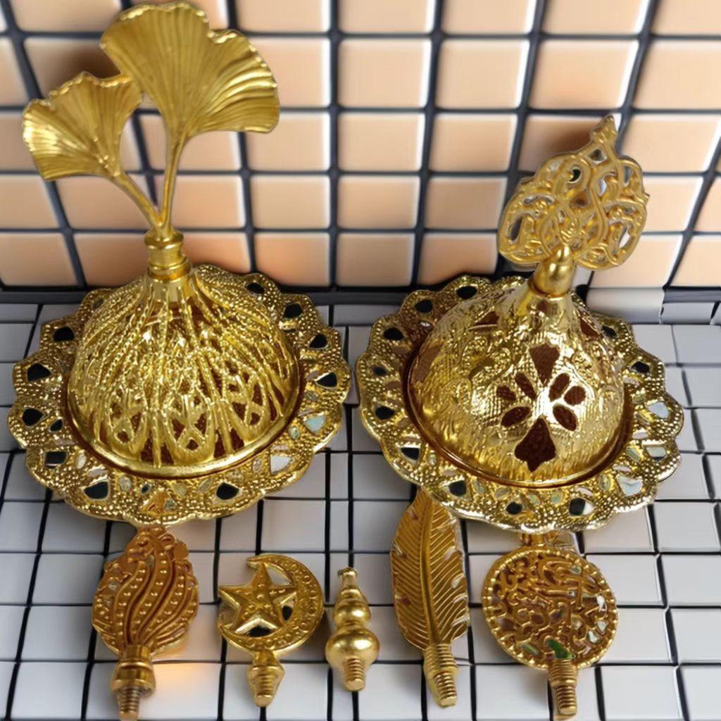 Golden Middle Eastern Arabic Incense Burner with Intricate Hollow-Out Design — Metal Aromatherapy Incense Burner for Cone Incens