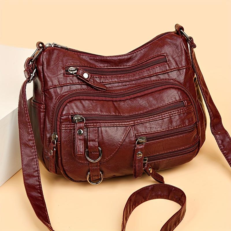 Elegante bolso bandolera retro de color sólido: Piel sintética suave, bolsillos con múltiples cremalleras para la mujer moderna
