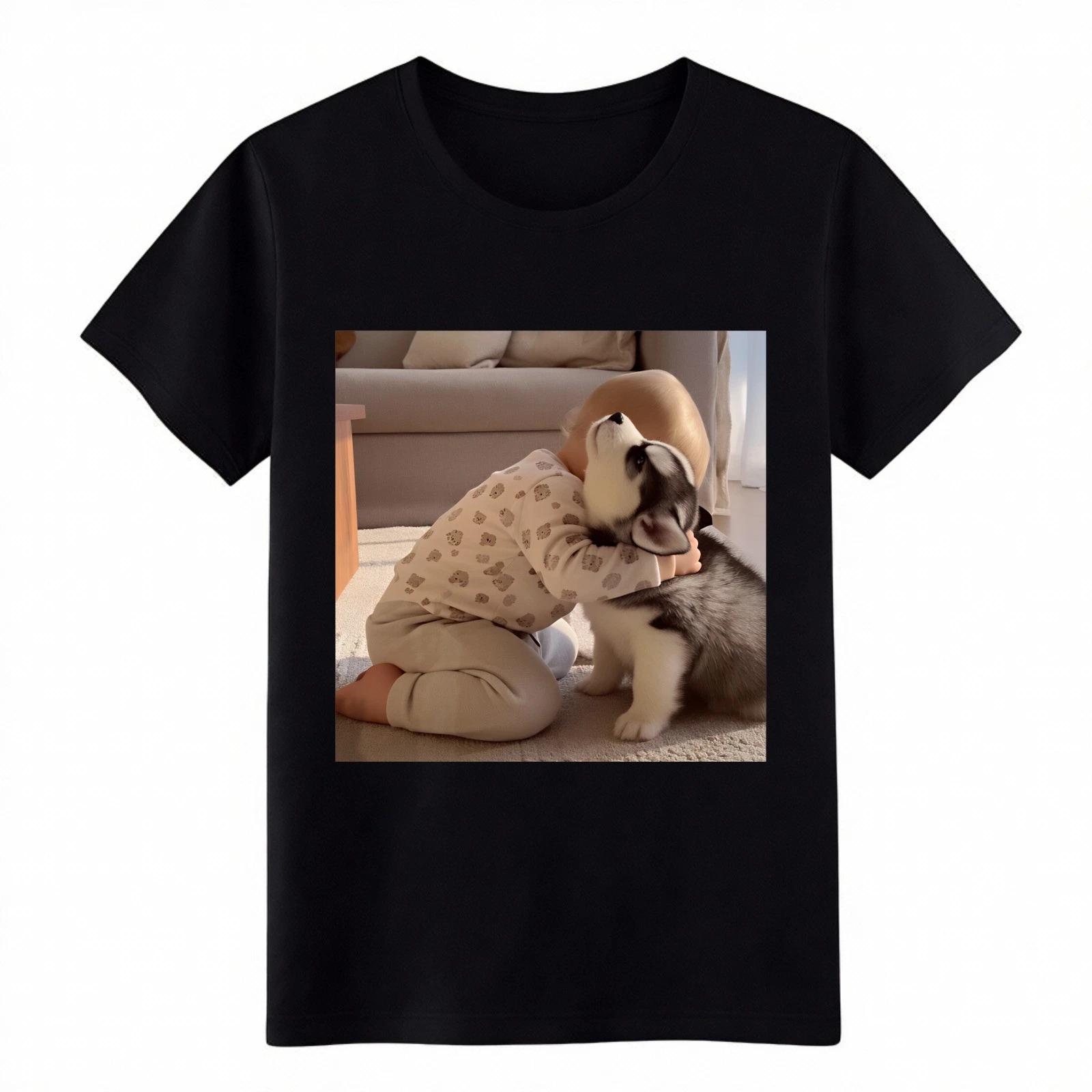 Baby & Husky Puppy Hug Graphic Tee-Unisex Casual T-Shirt-Dog Lover Graphic Tee 4XL