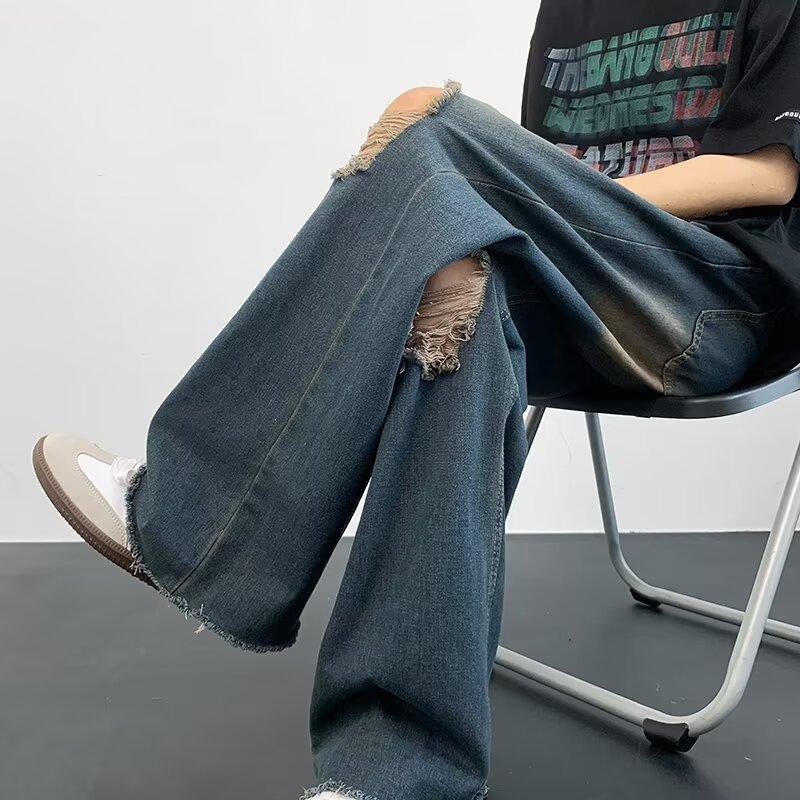 American High Street Ripped Washed Jeans Men and Women Summer New Old Couples Wide Legs Mopping Loose