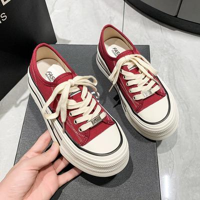 Retro Red Canvas Shoes Women's Thick Bottom  Spring and Autumn New Breathable Soft Bottom Wild Casual Low-Top Sneakers Fashion