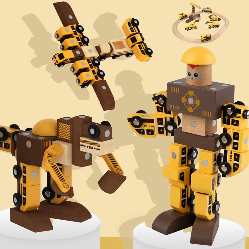 Kids Wooden Track Engineering Car Puzzle Creative DIY Magnetic Transforming Vehicle Robot Fine Motor Toys Gifts For Boys Girls