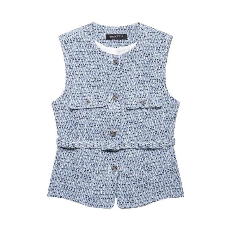 Women's Black Tweed Vest with Belt Sleeveless Button-Down Waistcoat