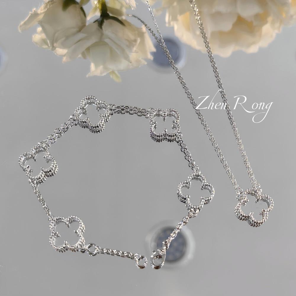 

Women Jewelry Set White Crystal 5 Leaf Clover Bracelet Necklace Luxury Fashion Accessories