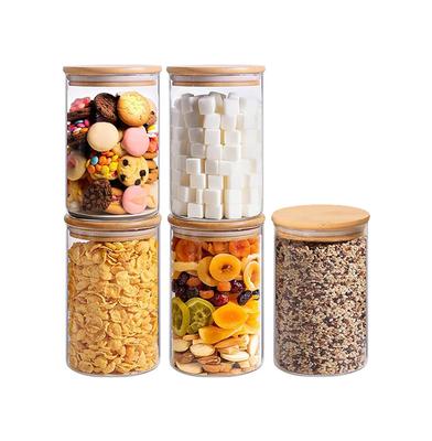Bambu kapaklı şeffaf mühürlü cam depolama tankı erişte un tahıl pirinç şeker kahve çekirdekleri için, yuvarlak 32oz*5 parçalı set